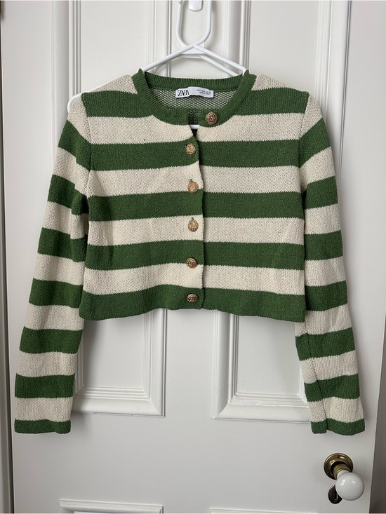 Zara Sweaters - Zara Green and Cream Striped Cropped Cardigan